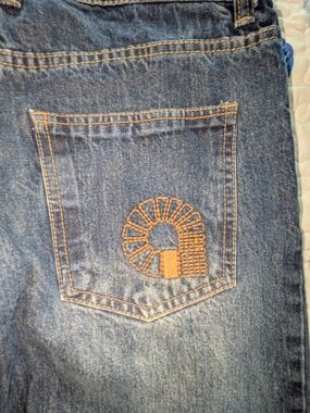 Akademiks Men's Blue Straight Jeans with Orange Back Embroidery Vintage Y2K